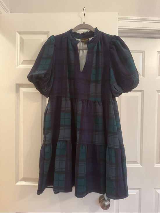Sugarlips Dresses & Skirts - Sugarlips Navy & Green Plaid Tiered Dress with Puff Sleeves